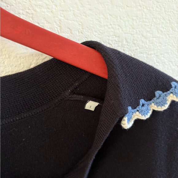 Sandro embroidery v neck sweater Black Sweater with Blue Trim - Picture 3 of 7